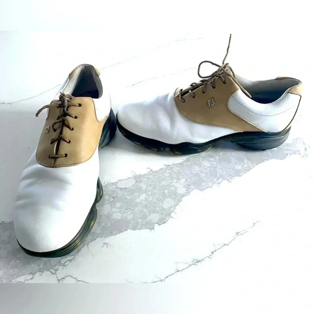 Footjoy Dryjoys FJ Women's 8.5 Classic Comfy Lace Up Golf‎ Shoes White & Tan EUC